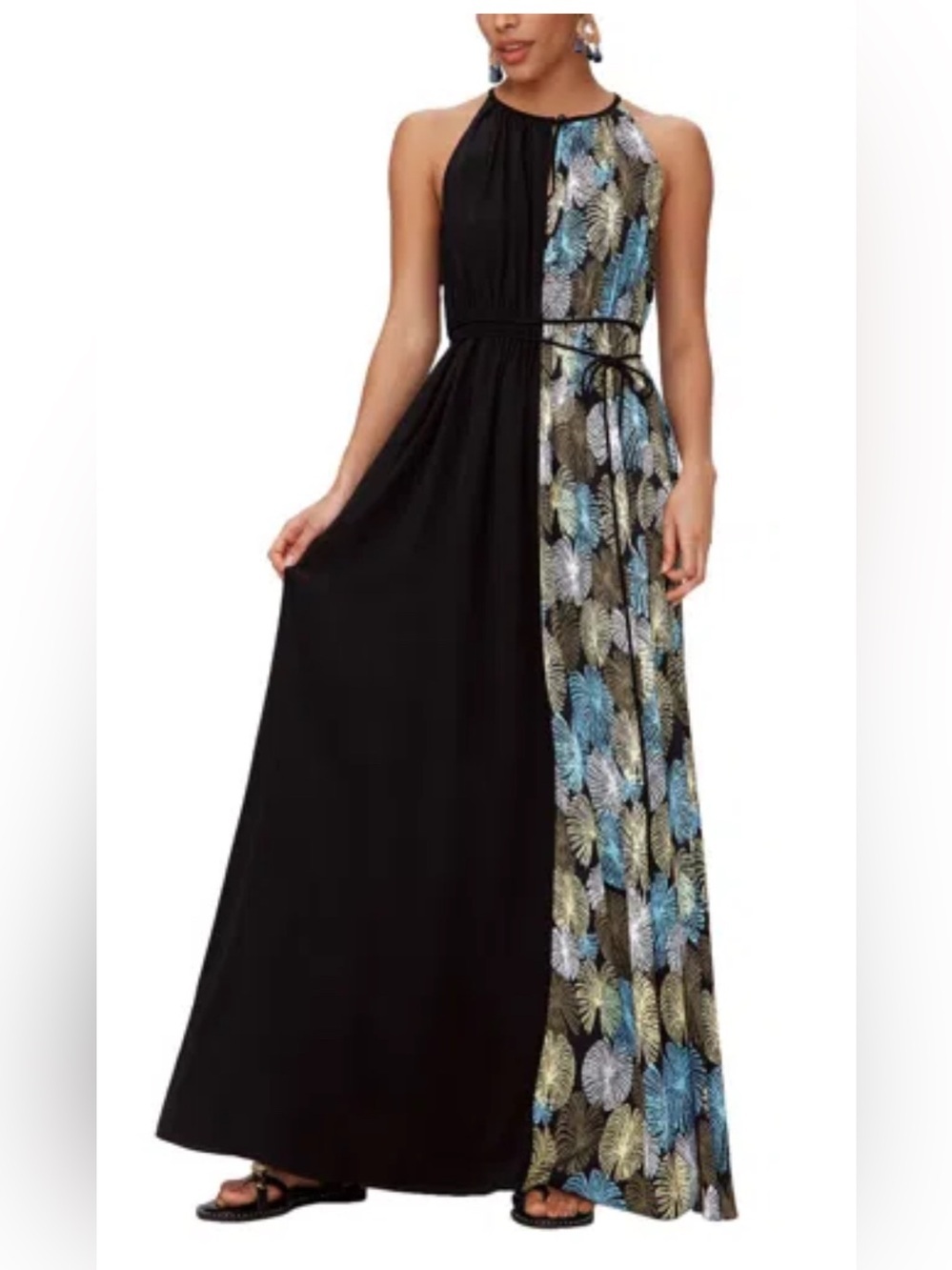 Diane Von Furstenberg Black Maxi Dress with Blue and Gold Leaf Panel